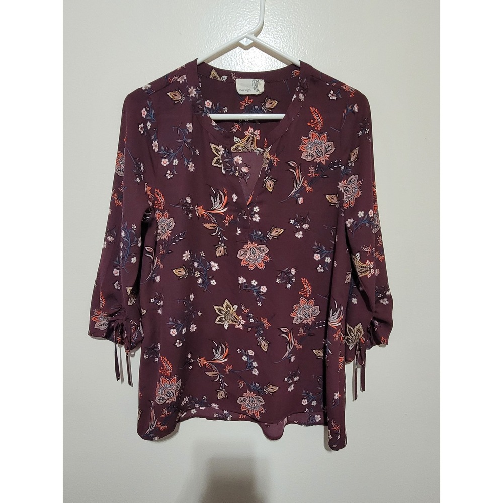 Everleigh Blouse Women Small Burgundy Paisley Floral 3/4 Tie Sleeve